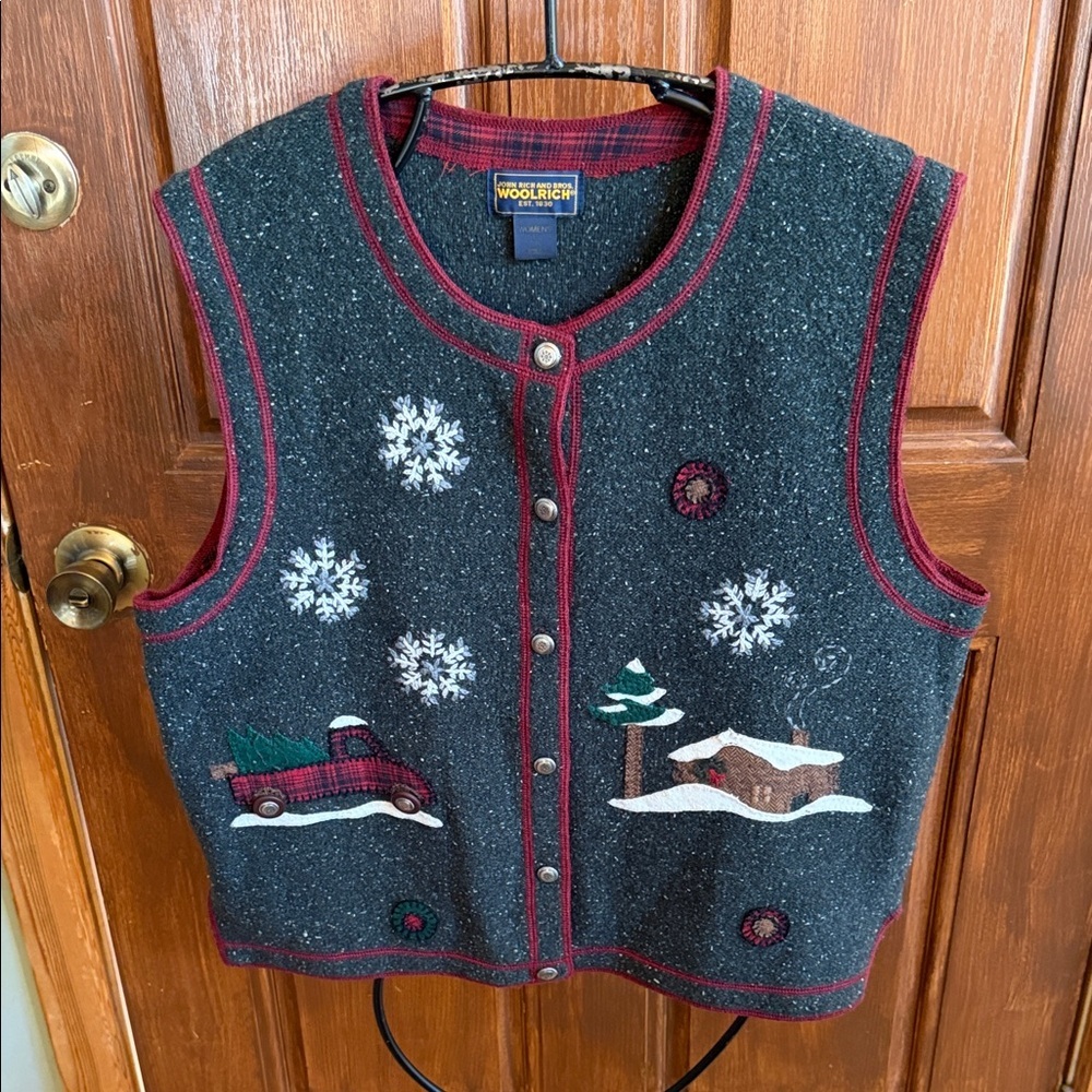 Woolrich Holiday Holly Green Lambswool/Silk Bringing home the Tree Sz L Vest